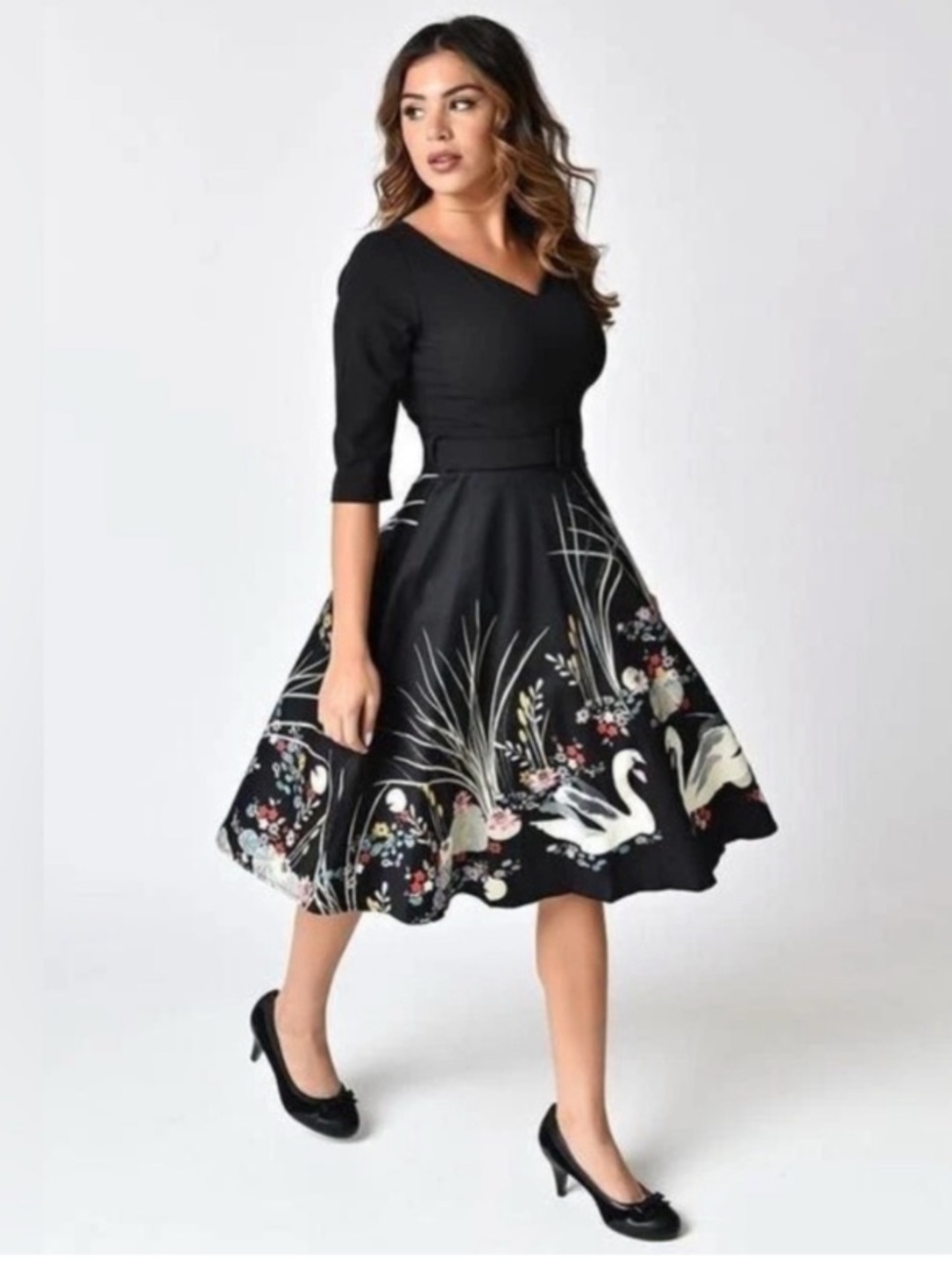 Unbranded Retro Style Black Swan-Print Swing Dress